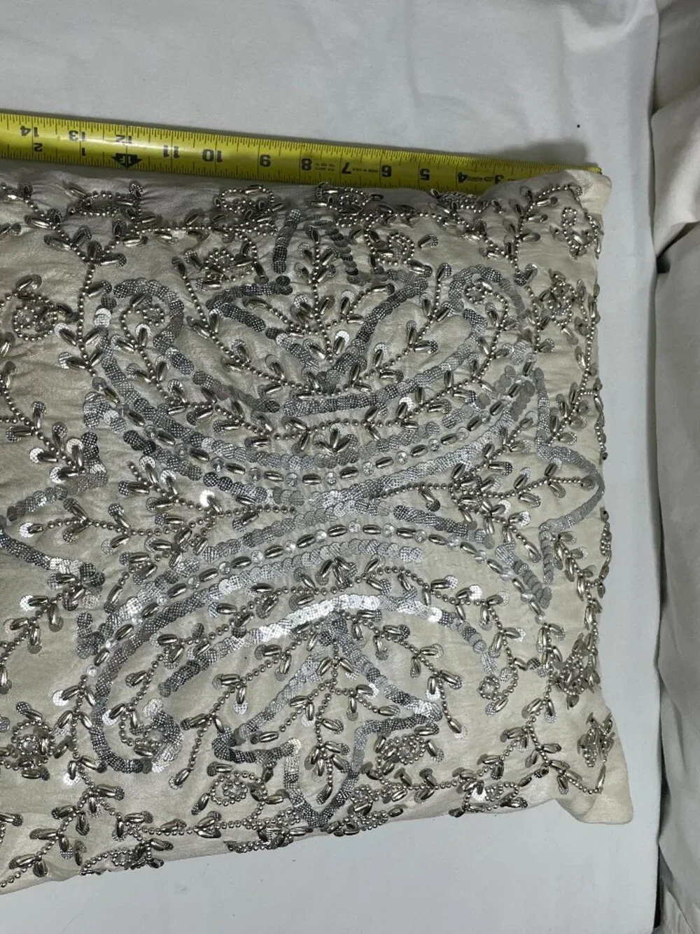 Decorative Ivory Beaded Sequin Throw Pillow 16x16 Velvet Back Accent Cushion